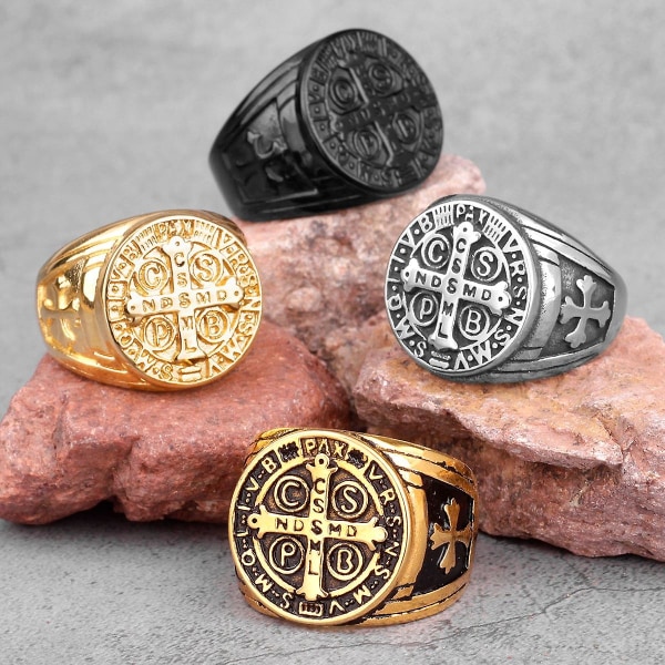 Exorcism Saint Benedict Cspb Cross Men Rings Punk Hip Hop För Pojkvän Man Rostfritt stål Smycken Gold