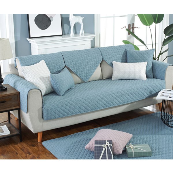 Moderne og enkel sofapude i vævet vasket bomuld, skridsikker lædersofabetrækspude i stof (Plaid Blue, 90*90CM)