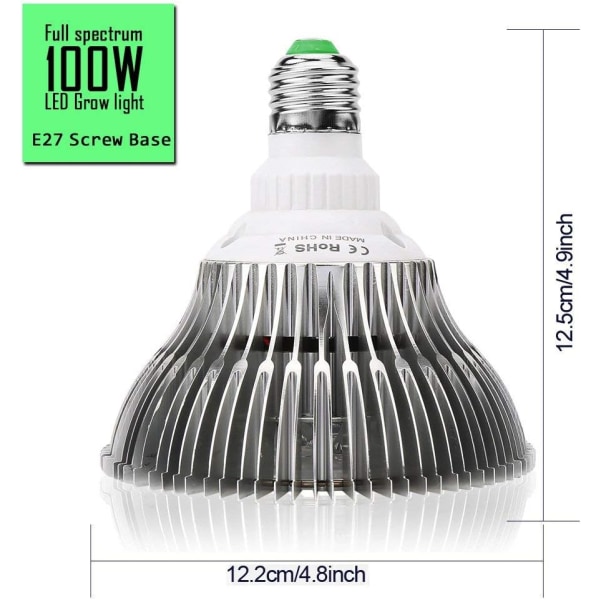 Grow Light 100W E27 Grow Lamp Täysspektri LED-kasvatuslamppu sisäkasveille, vihanneksille ja kukille,