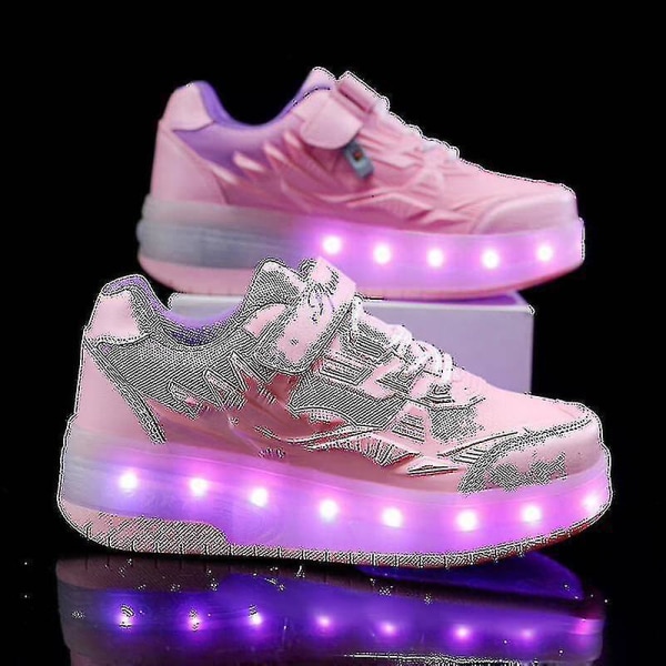 Childrens Sneakers Dubbelhjulsskor Led Light Skor Q7-yky Pink 29