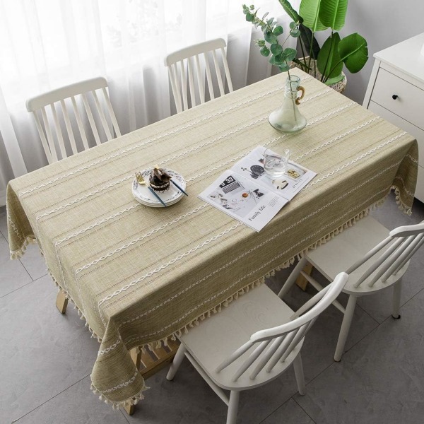 Elegant bomulds- og hørdug, vaskbart køkkenbordsdæksel til spisebord, picnicdug (striber - mandelgul, 140 x 180 cm),