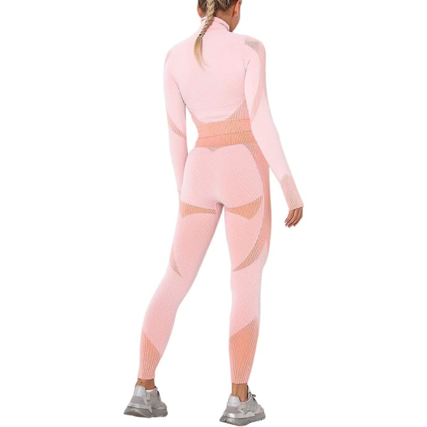 Træningsdragt til kvinder 2 stykker sæt højtaljede leggings og langærmet crop top yoga aktivtøj med lynlås foran Pink M