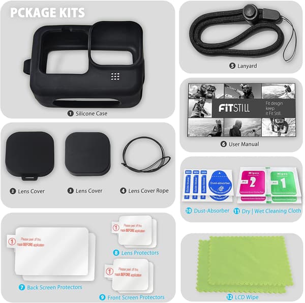 Silicone Case (for Go Pro Hero 12/11/10/9 Black), Lens Cap, Screen Protector and Accessory Kit with Lanyard