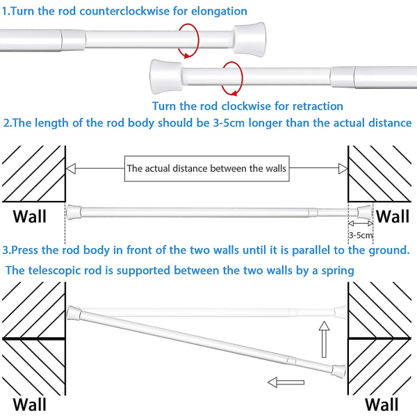 2 stykker justerbar spændingsstang Fjeder forlængelig gardinstang med 4 styks selvklæbende krog til skab Garderobehylde Lille vindue, hvid, længde 1