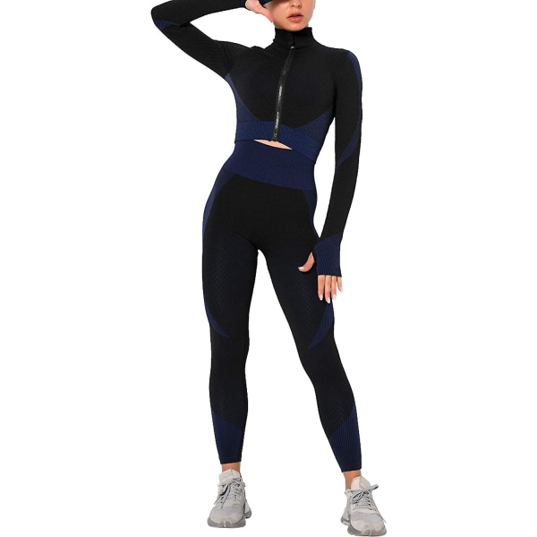 Träningsoverall för kvinnor 2-delat set hög midja Leggings och långärmad Crop Top Yoga Activewear med dragkedja fram Black Blue S