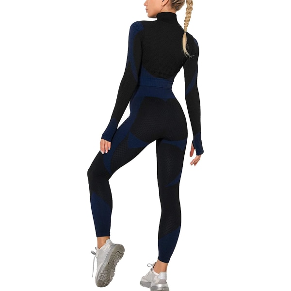 Naisten harjoitusverryttelypuku, 2 set , korkeavyötäröiset leggingsit ja pitkähihaiset Crop Top -jooga-aktiiviset vaatteet, vetoketju edessä Black Blue S
