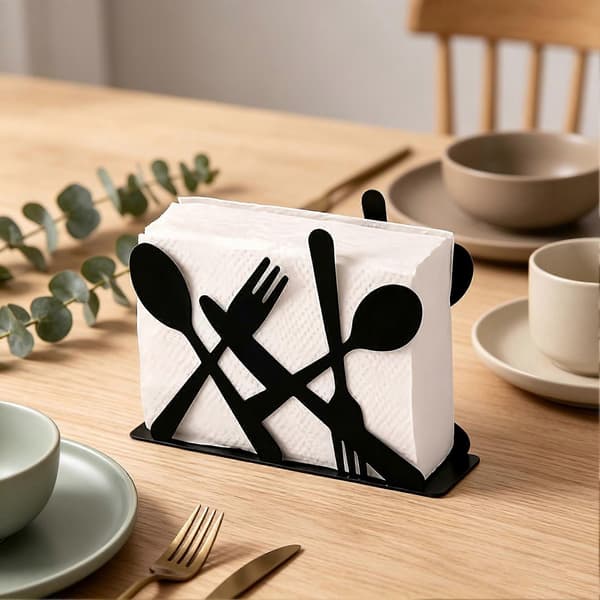 Servietholder i sort metal – design med gaffel, ske og kniv – til spisebord – stabil base Black