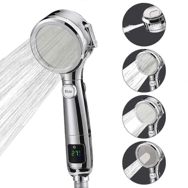 Digitalt Display Vandmassage Sort Tryksat Sprinkler Brusehoved Universal Badeværelsestilbehør Indbygget One-key Stop white