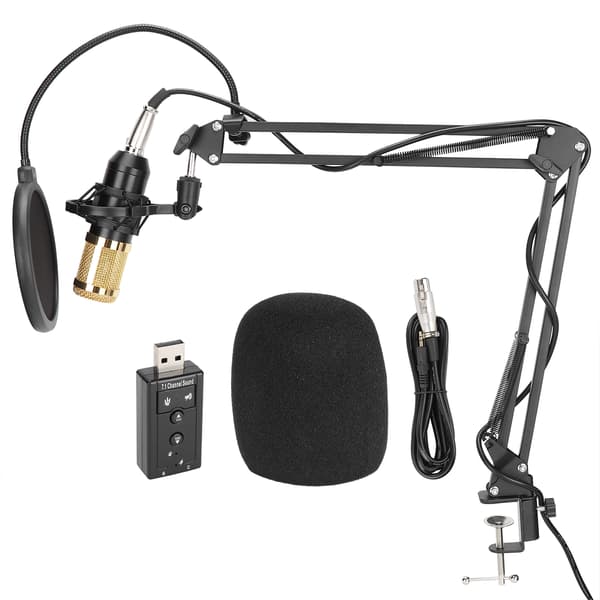 Studiokondensatormikrofonsett med popfilter og bomarm for PC-podcastinnspilling