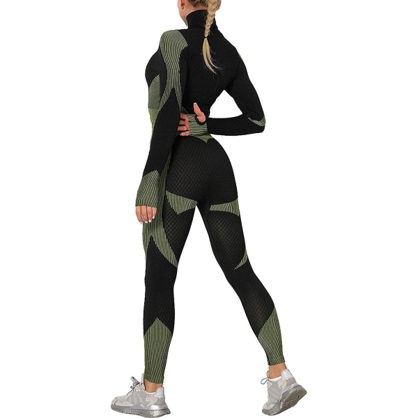 Træningsdragt til kvinder 2 stykker sæt højtaljede leggings og langærmet crop top yoga aktivtøj med lynlås foran Black Green L