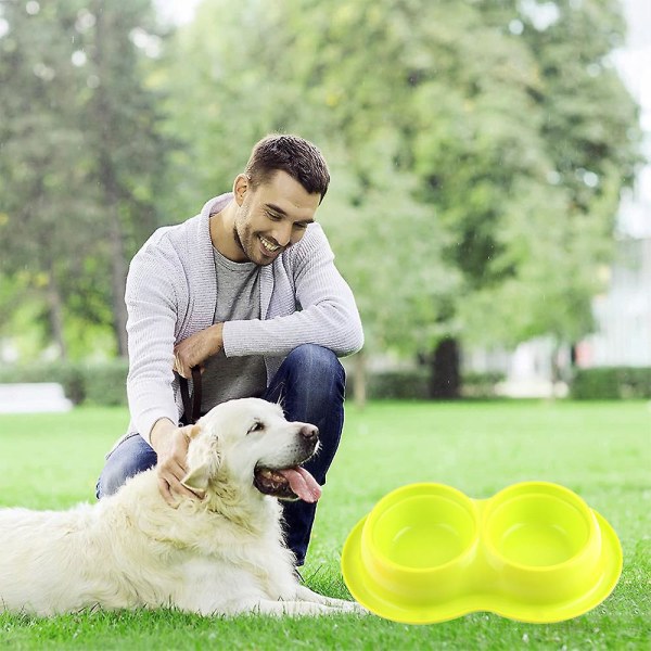 Lemmikkieläinten ruostumattomasta teräksestä valmistettu kaksinkertainen kulho Lemmikkieläinten koiran kulho Astiasto Cat Anti-mato-kissakulho Without Steel Bowl Yellow-Green