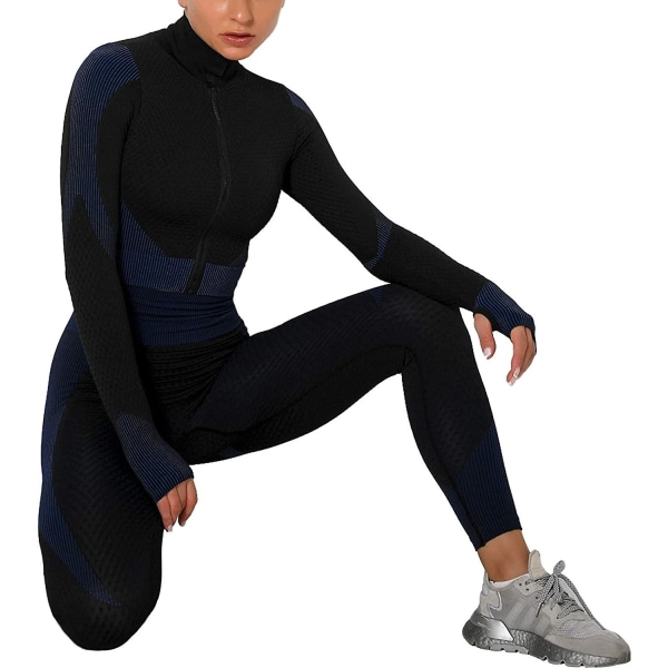 Træningsdragt til kvinder 2 stykker sæt højtaljede leggings og langærmet crop top yoga aktivtøj med lynlås foran Black Blue S