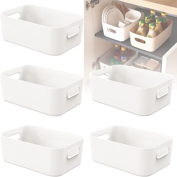 5 PCS White Plastic Storage Bins Small with Handles, Storage Baskets for Shelves, Kitchen, Office, Refrigerator