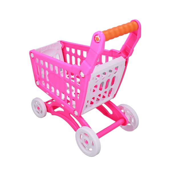 Indkøbsvognssæt til børn, pædagogisk indkøbsvogn til børn, legemad legetøj til læringsudvikling, pink