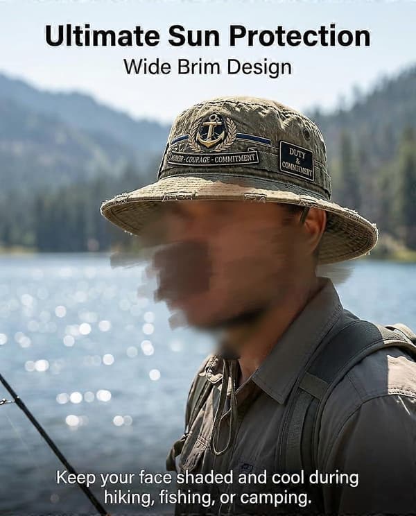 Honor Courage Commitment Boonie Hat, Broderet Bredskygget Solhat med Hagestrop til Vandring, Fiskeri og Camping Olivengrøn