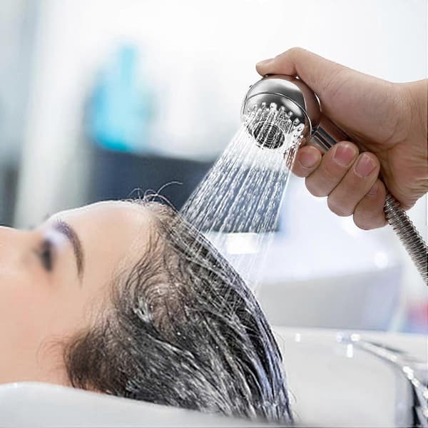 Shampoo Sprayer til Salon, Shampoo Dyse med 1,2 m Rustfri Stålslange, 2 Tilstande Vandkolonne Håndbruser til Hårvask Kæledyrsbruser, Sølv