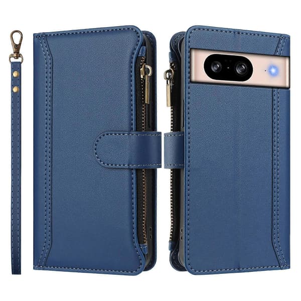 Magnetic Closure 9 Card Slots Zipper Leather Case with Hand Strap Dark Blue Dark Blue For Google Pixel 8