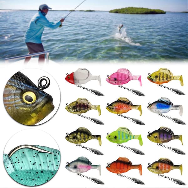 12 STK. Færdigriggede Jig Head Bløde Fiskelokker, Paddle Tail Swimbaits/3D Øjne/Spinnerblade til Basfiskeri, Skjult. 10g