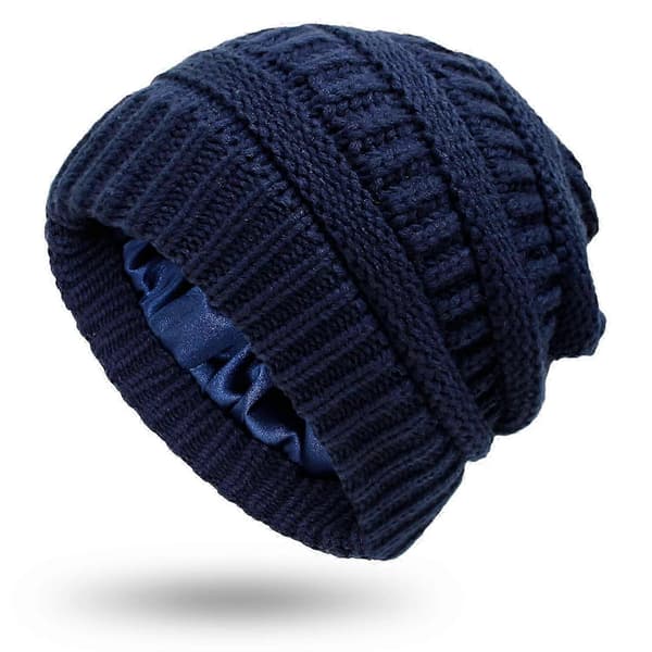 Vinter Beanie Hat til Kvinder med Satinforing Strikket Hat til Damer Vinter Varmt Tykt Snehat Navy Blå