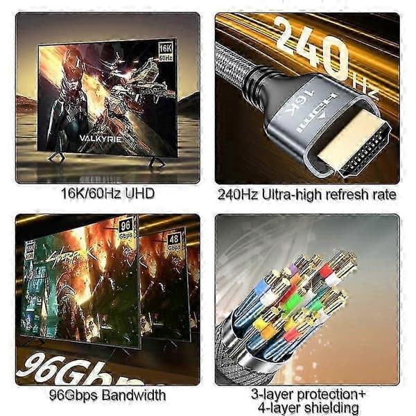HDMI 2.2 Ultra HD 16K Video Cable 2m, 96Gbps Bandwidth, 15360 x 8640 60Hz, Gold-Plated Connector, Dynamic HDR, Multi-Layer Shielding 1m