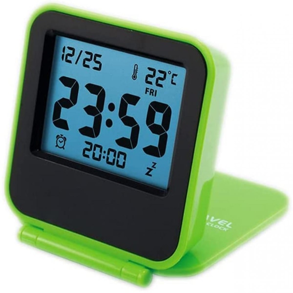 Små digitale rejsevækkeure, batteridrevet rejseur med LCD-natlys, bærbart foldeligt minilomme temperaturur til grønt