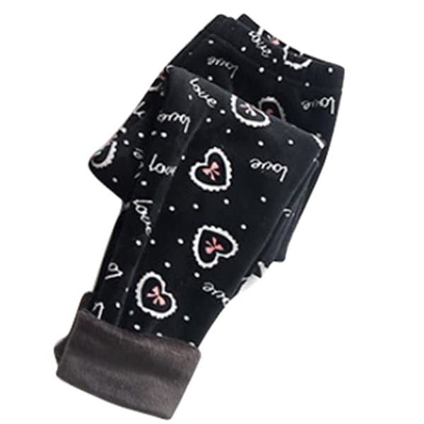 Fleeceforede leggings til piger med søde print, slank pasform, sorte termobukser til efterår og vinter, 130 cm, 51,18 tommer