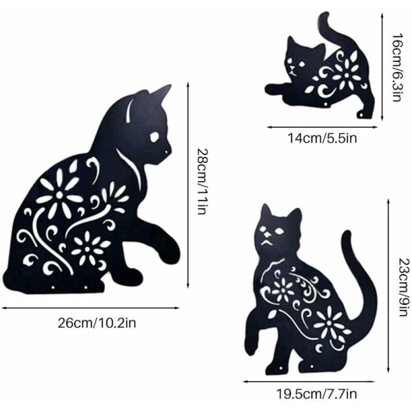 Cat Yard Art Garden Metal Statyer Deco, 3 ST Cat Hollow Out Silhouette Djurform Stake dekorationer, svart