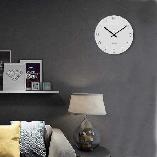 Seinäkello, kodin koristeellinen hiljainen tikittävä kvartsiparistokäyttöinen moderni lasikello makuuhuoneeseen/olohuoneeseen/toimistoon/kouluun 12 tuumaa - valkoinen