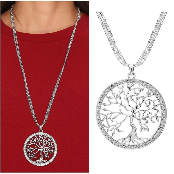 Livets träd halsband för kvinnor, keltiskt hänge Rose Crystal Long Chain Necklace