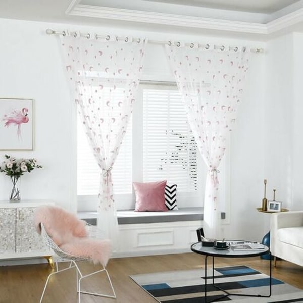 Gennemsigtige voile vinduesgardiner Soveværelsesgardinring Top Broderet Star And Moon Stue (2 Penel, 39''Bx78''L), Pink