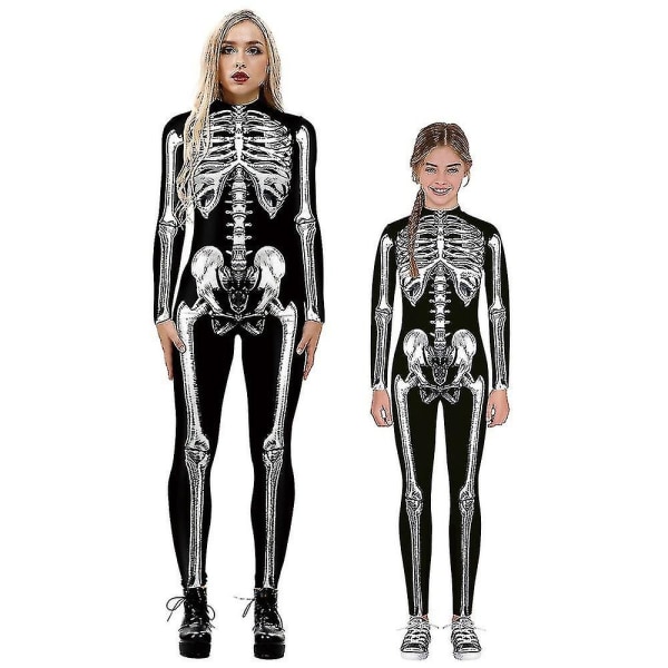 Halloween-skelettdräkt för barn och vuxna, bekväm Onesie Jumpsuit Black 155cm-160cm