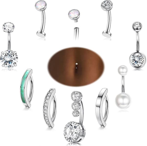 Flydende navleringe Sølv/14K guldbelagte navleringe Kirurgisk rustfrit stål navleringe CZ Clicker navlepiercinger Shiny Silver - 9