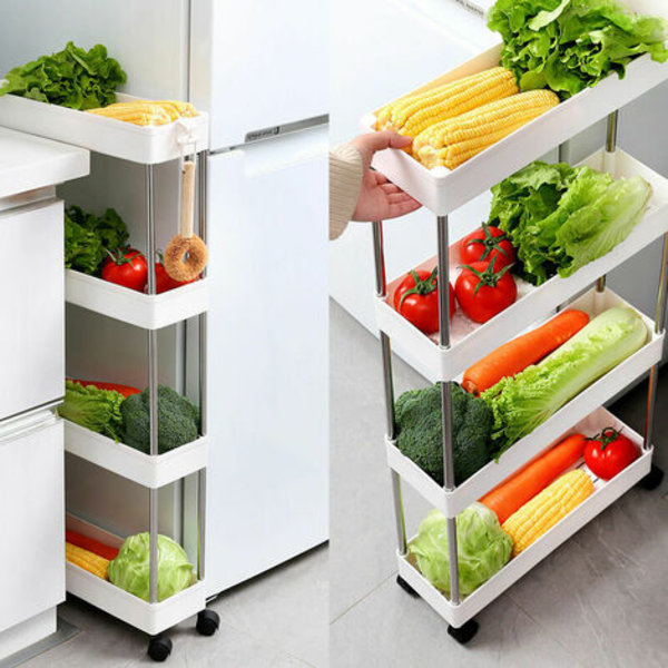 Rolling Trolley, 4-Shelf Kitchen Rack, Bathroom Trolley for Narrow Space Slim Trolley Storage Cart for Laundry Room, Off