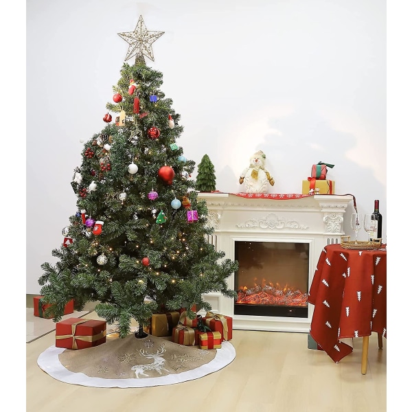 120 cm træfodsdæksel, groft hør juletræskørt, elg- og snefnugmønstret juletræsmåtte til juletræsdekoration Julefest dec.