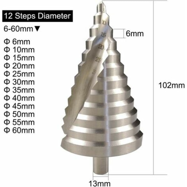 HSS Step Drill Bit 6-60mm Spiral Conical Slot 12 Step Countersink For Screwdriver Drilling On Steel Brass Wood Plastic,e
