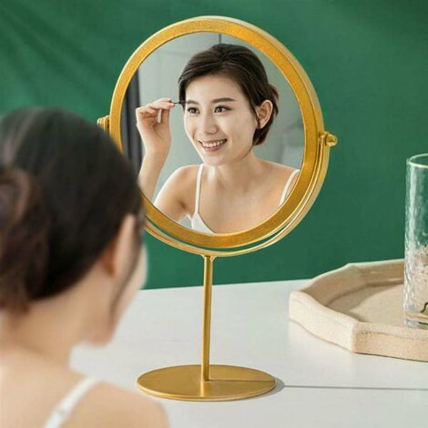 Kaksipuolinen kääntyvä suurentava meikkipeili, kaksipuolinen kosmeettinen peili jalustalla, kultaa