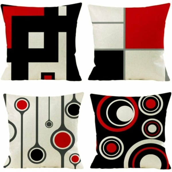 Pudebetræk, sæt med 4 bomuld og hør moderne sort rød geometrisk mønster dekorativ pudebetræk dekoration til sofa B