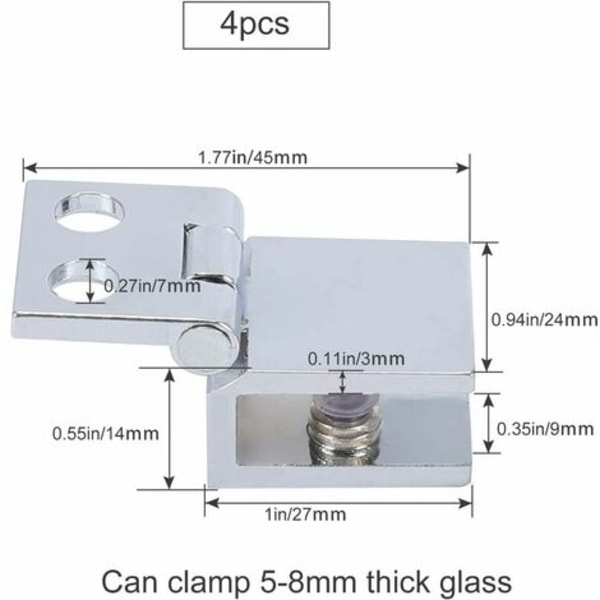 4 stk glasdørclips zinklegering glasdørhængsler uden glasboring Brusedørhængsel - 5mm-8mm glastykkelse 5mm