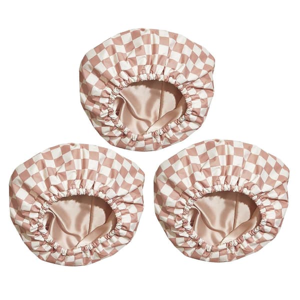 Gjenbrukbar satengfôret dusjhette - Stilig rutemønsterdesign for hårbeskyttelse 3pcs