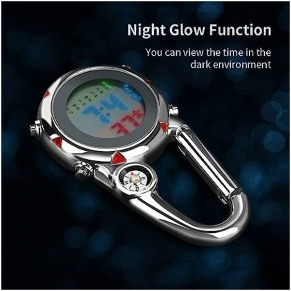 Carabiner Watch Clip on Carabiner Multifunction Quartz Watch Luminous Face FOB Digital Watch with Compass for Doctors Nu