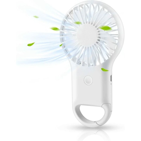 Bærbar håndventilator Mini Silent Fan, USB genopladelig med 3 hastigheder, med bærbar karabinhage, velegnet til hjemmet (hvid)