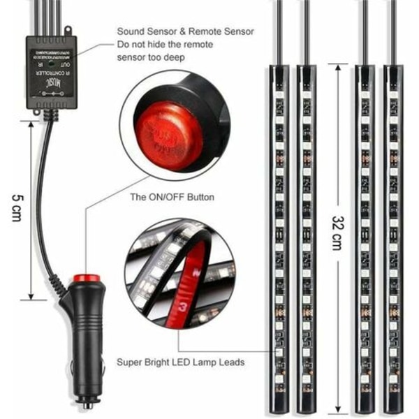 12v Pack Car LED Interiörbelysning - 72 Flerfärgad LED Car Interior Lights - Med ljudaktiv funktion och trådlös fjärrkontroll C