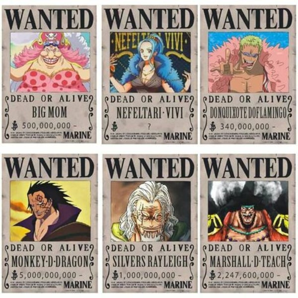 One Piece Wanted Plakater 28,5 cm × 19,5 cm, Ny udgave Kraft Paper Plakat, Luffy 1,5 milliarder, sæt med 24