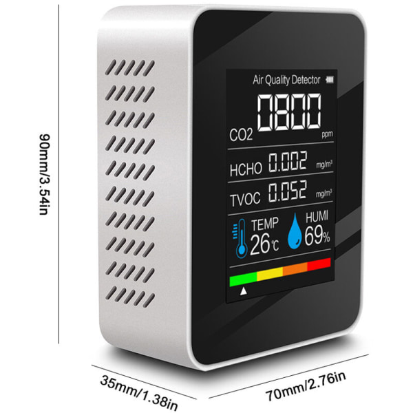 CO2-detektor Luftkvalitet CO2/HCHO/TVOC/TEMP/HUMI-detektor Temperatur fugtighedstester Kuldioxid-monitor Sort til C