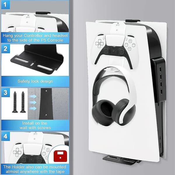 Auniq PS5 Wall Mount, Wall Bracket for Playstation 5 Disc and Digital Edition Robust Steel Wall Mount with Controller Holder & Headphone Hanger