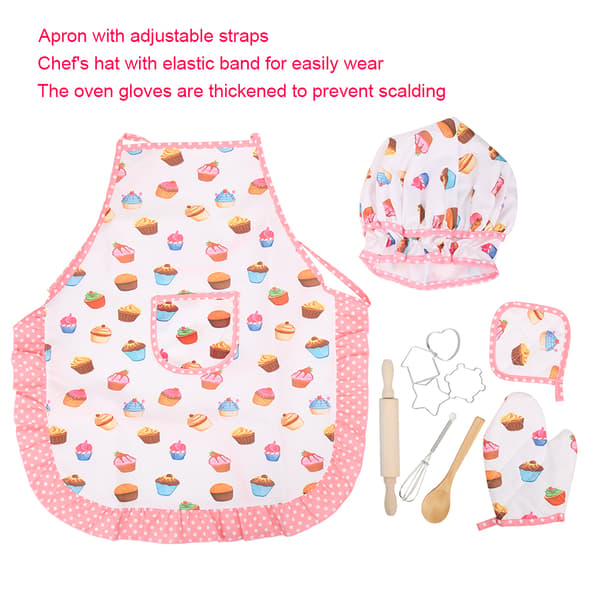 Kök Kostym Rollspel Set för Barn Flickor Förkläde Kockhatt Bakning Matlagning Vante Kakformar Kit 11st Cupcake Mönster