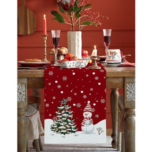 Glædelig jul bordløber 90 tommer lang vaskbar burlap linned bordsamling til spisning, fest, middag, ferie, C