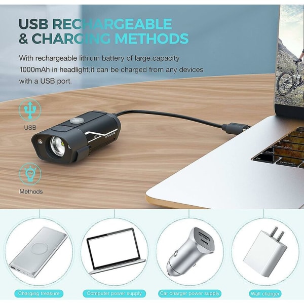 1000 Lumen USB uppladdningsbar set, 3 LED-cykelstrålkastare Super Bright Pannlampa Ipx5 Vattentät Cykelsäkerhet Fl