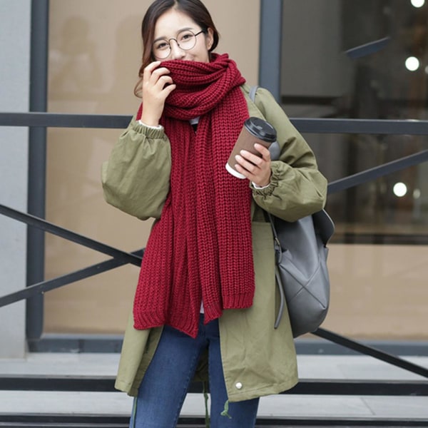 Farfi unisex tørklæde ensfarvet strikket efterår vinter japansk koreansk stil strikketørklæde til dating Navy Blue
