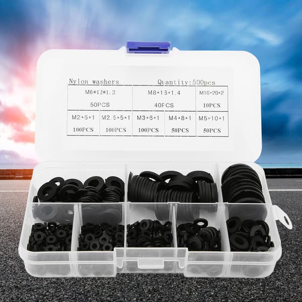 500 stk. nylon skive sæt M2 M2.5 M3 M4 M5 M6 M8 M10 Sort hardware fastgørelseselementer